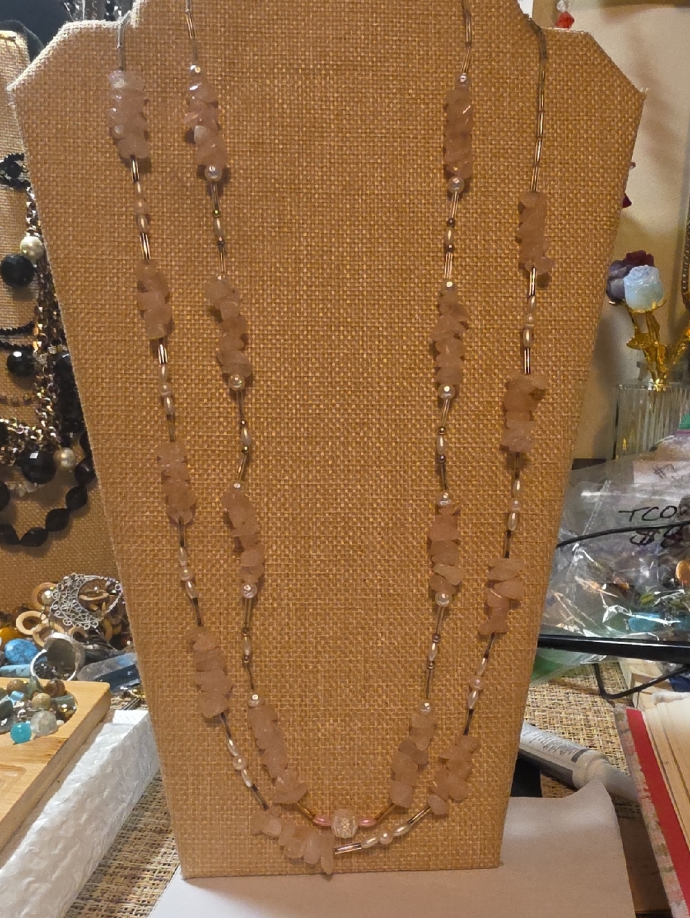 2 Rose Quartz Chip Beaded Long Necklaces - Women Jewelry